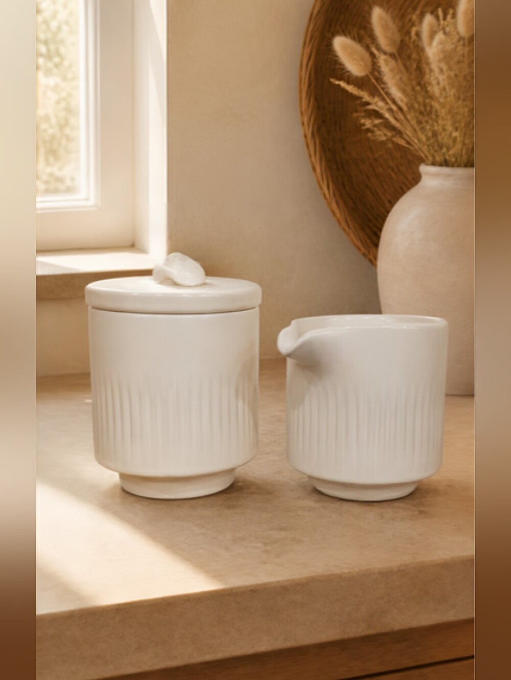 MAGENTA "Citrine" Ivory Ribbed Ceramic Sugar Jar and Creamer Set NIOB